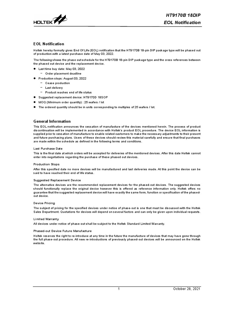 HT9170B 18DIP EOL Notification | Download Free PDF | Economies ...