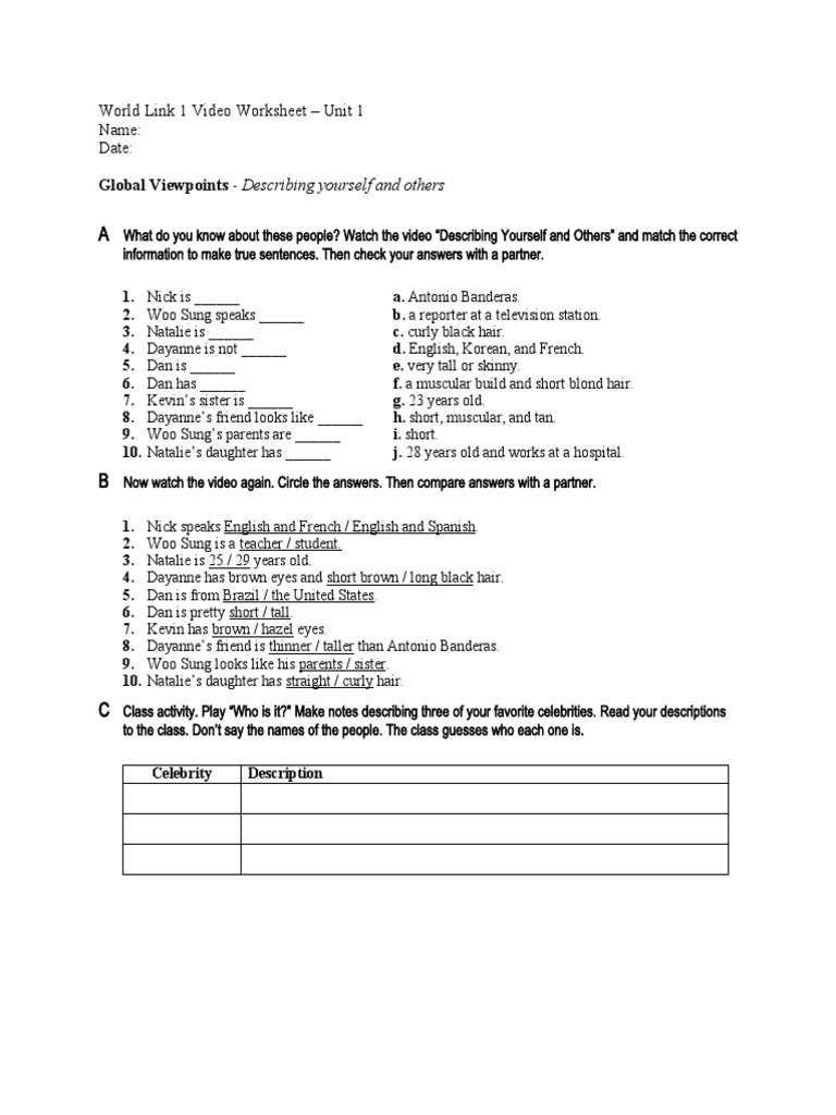 Wl3e Level01 U01 GV Video Worksheet | PDF | Language Arts & Discipline