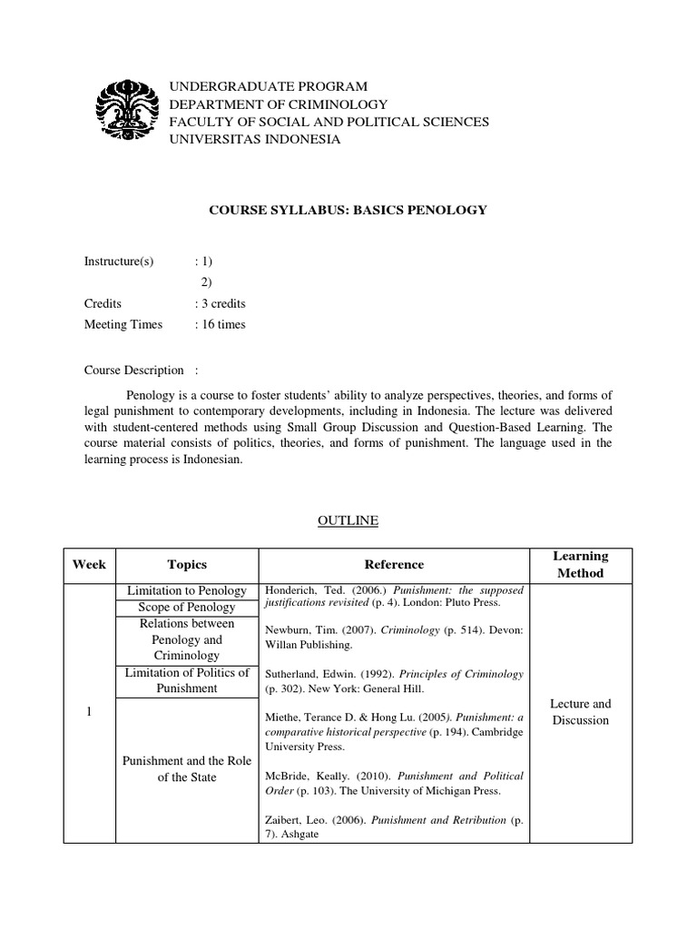 Course Syllabus Basics of Penology Analyzing Theories, Perspectives