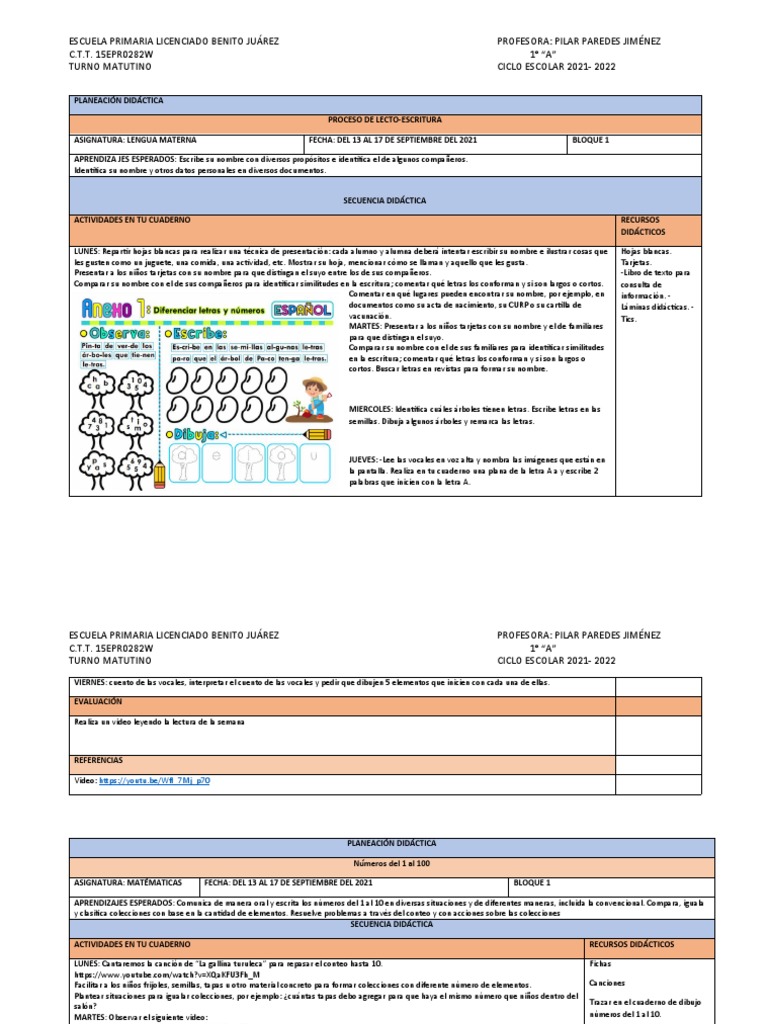 Planeación Didáctica PPJ Semana 13 de Sep Primer Grado 1 | PDF ...