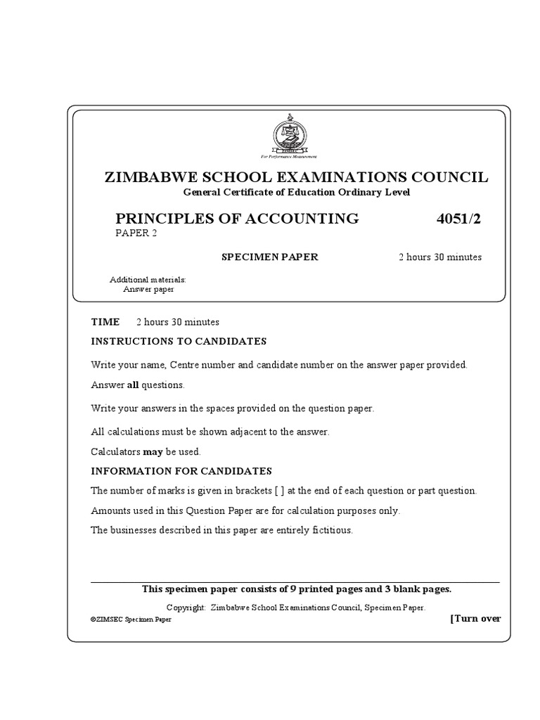 Zimbabwe School Examinations Council Principles of Accounting 4051/2