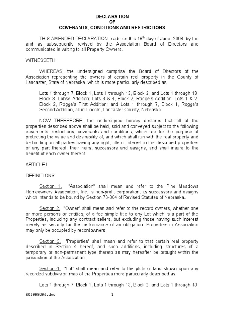 Declaration OF Covenants, Conditions and Restrictions PDF Covenant (Law) Mortgage Law