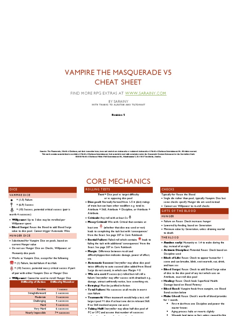 Vampire The Masquerade V5 Cheat Sheet: Find More RPG Extras at | PDF