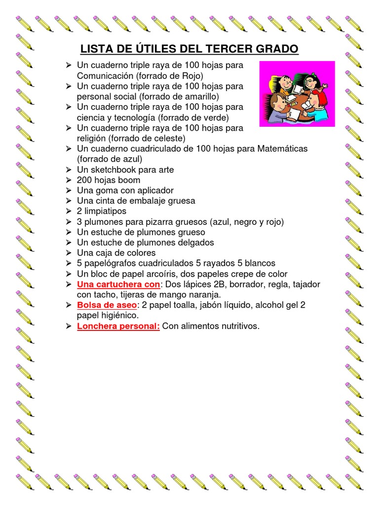 Lista de Útiles Del Tercer Grado | PDF