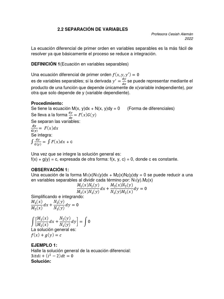 Ecuaciones Diferenciales: Separación de Variables | PDF | Integral ...