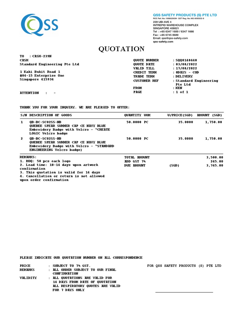 Quotation Qss Safety Products (S) Pte LTD PDF