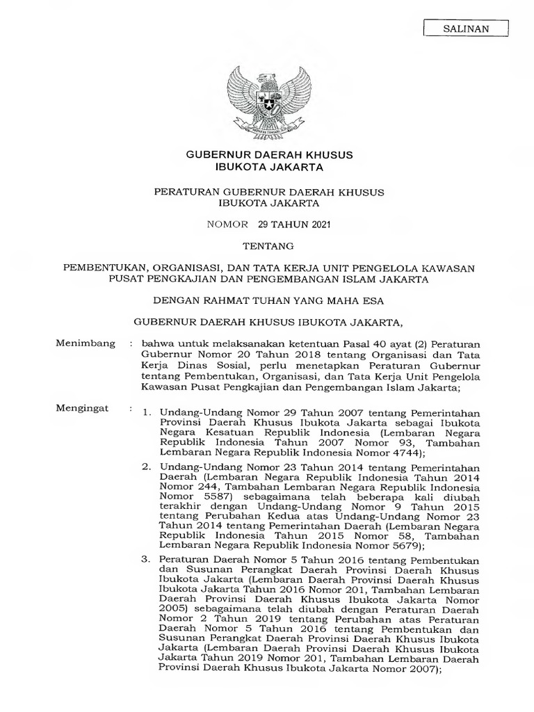 Pergub no 29 tahun 2021 pembentukan otk unit pengelola kawasan pusat