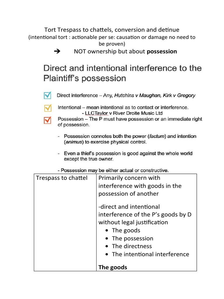 Tort Trespass To Chattels, Conversion and Detinue | PDF | Conversion ...