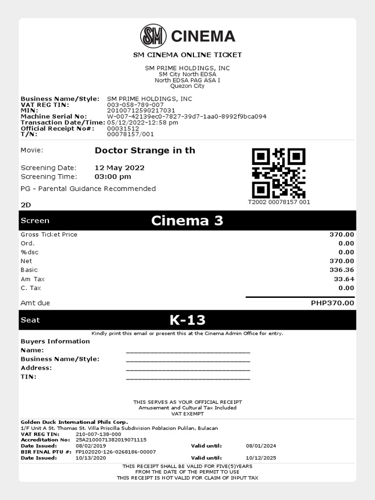 Doctor Strange Ticket Receipt | PDF | Value Added Tax | Services ...