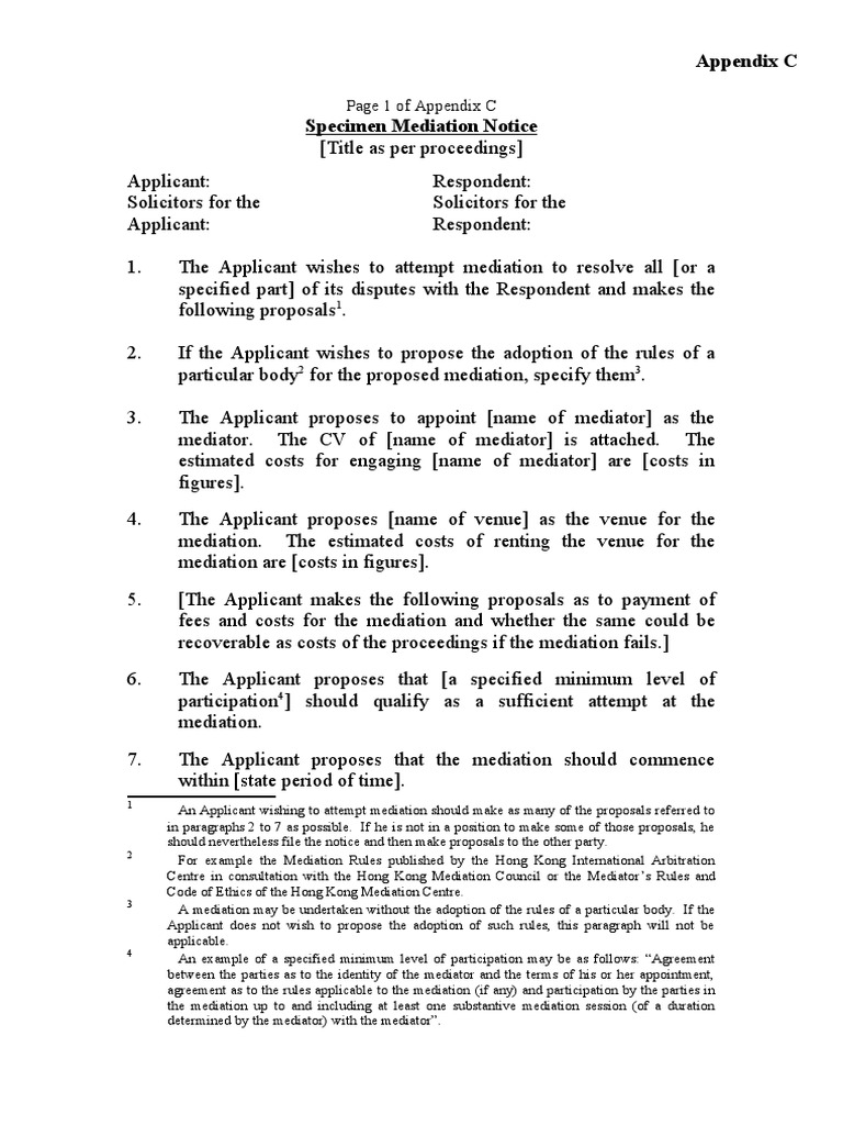 Specimen Mediation Notice Template | PDF | Mediation | Business Law