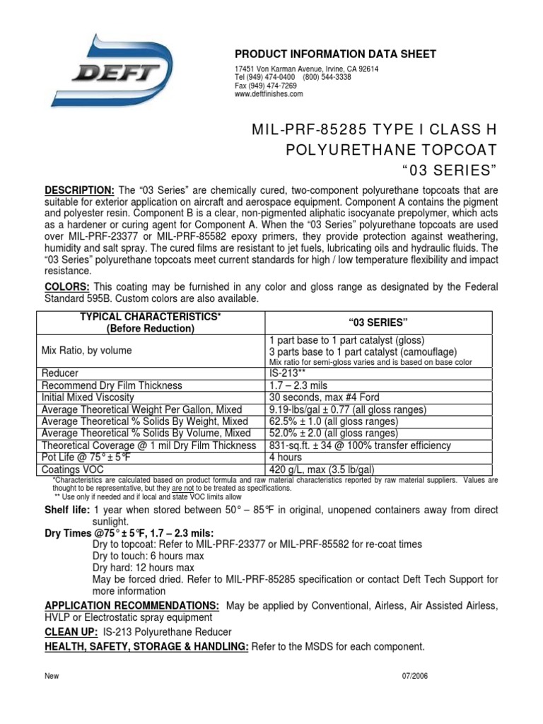03 Series, MIL-PRF-85285, Ty I, CL H, Polyurethane Topcoat, DEFT, 10 ...