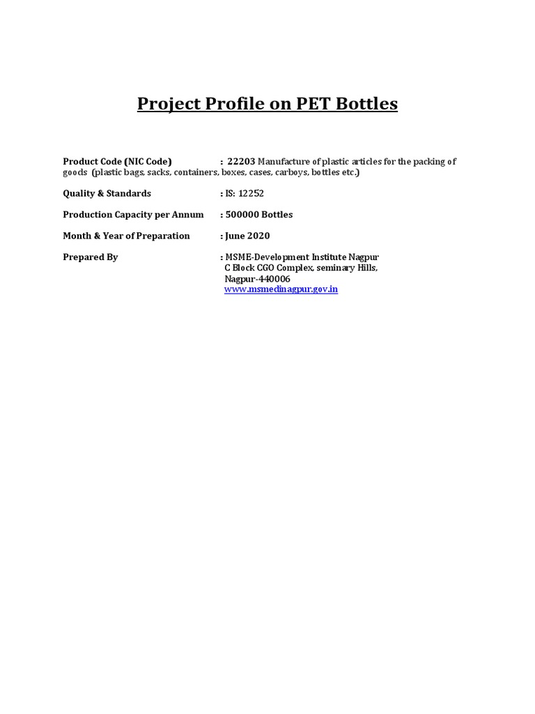 Project Profile On PET Bottles Product Code (NIC Code) 22203 PDF