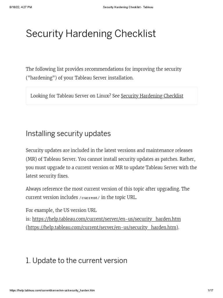 Security Hardening Checklist Tableau PDF Transport Layer Security