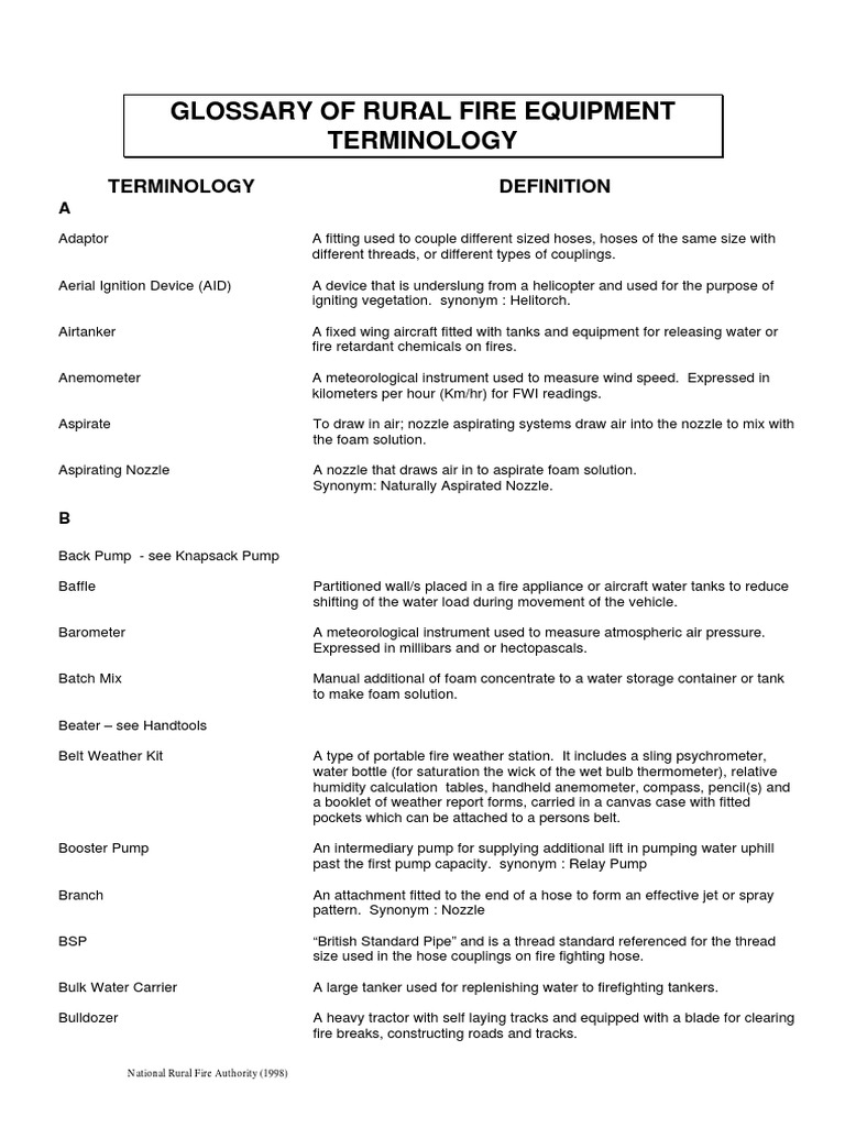 Glossary of Rural Fire Equipment Terminology | PDF | Fires | Firefighting
