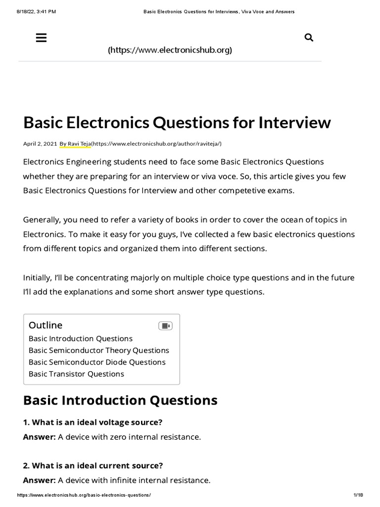 Basic Electronics Questions For Interviews, Viva Voce and Answers PDF