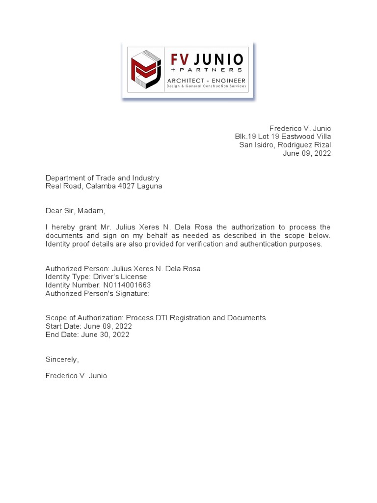 Authorization Letter For DTI Laguna PDF