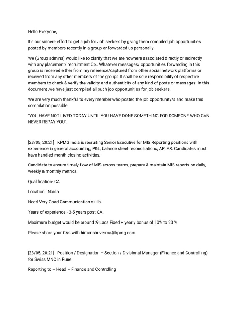 Job Opportunities - 01st June-20 | PDF | Financial Audit | Real Estate ...