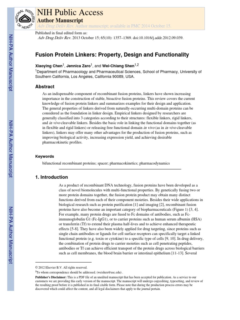 NIH Public Access Fusion Protein Linkers Property, Design and