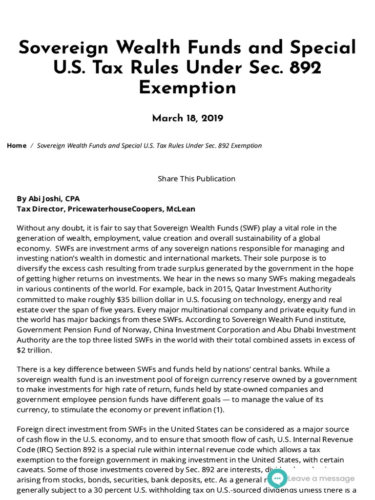 Sovereign Wealth Funds and Special U S Tax Rules Under Sec 892