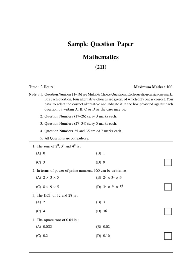 Sample Question Paper Mathematics | PDF | List Price | Retail