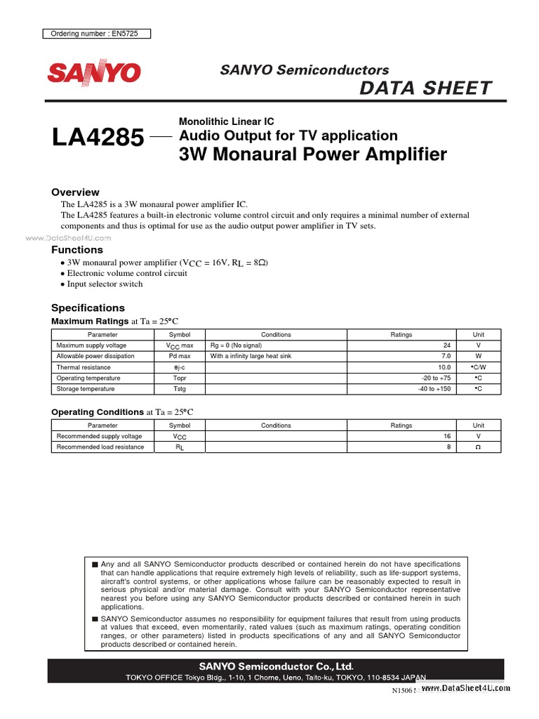 LA4285: 3W Power Amplifier Overview | PDF | Amplifier | Electromagnetism