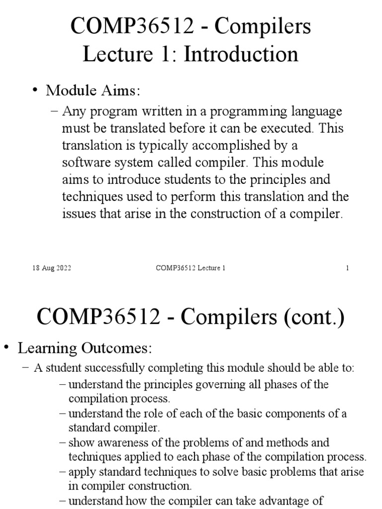 COMP36512 - Compilers Lecture 1: Introduction: - Module Aims | PDF ...