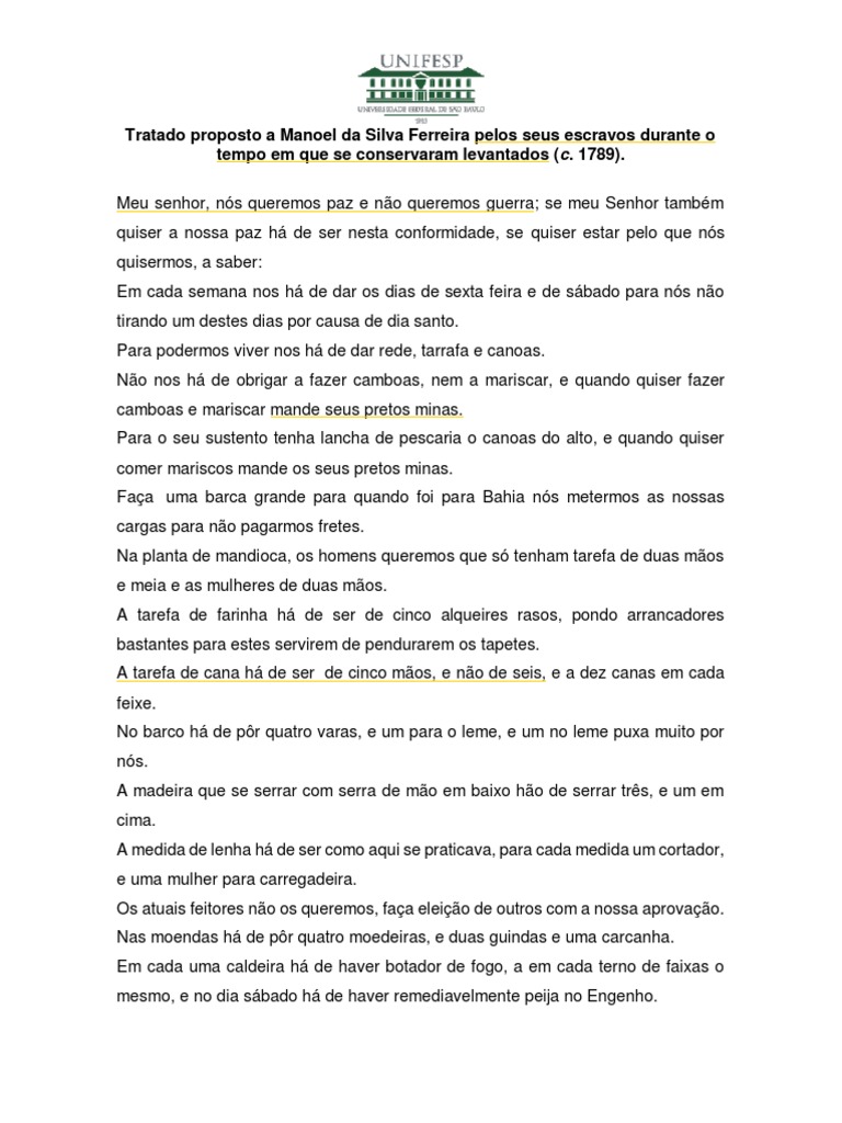 Tratado Proposto A Manoel Da Silva Ferreira Pelos Seus Escravos Durante ...