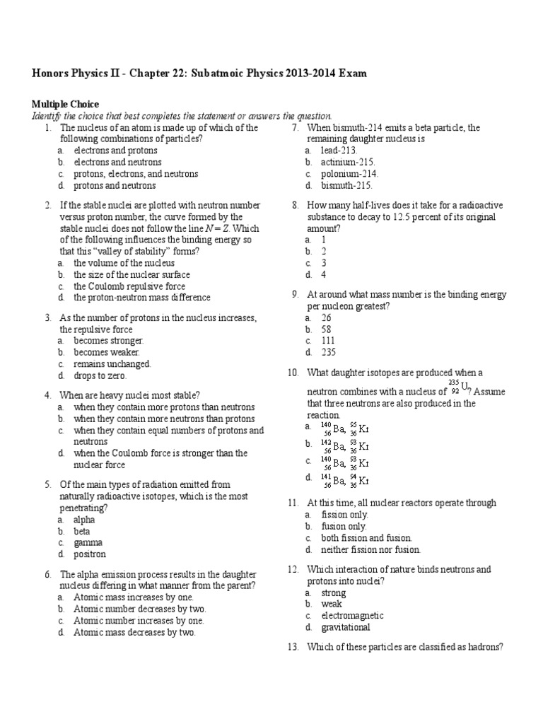 Chapter 22 - Subatomic Physics Test 13-14 2 | PDF | Nuclear Physics ...
