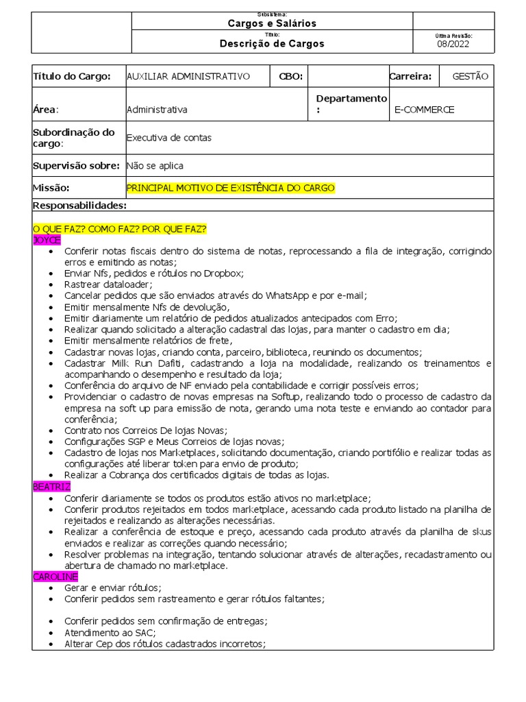 Descrição de Cargo - Auxiliar Administrativo | PDF | Business