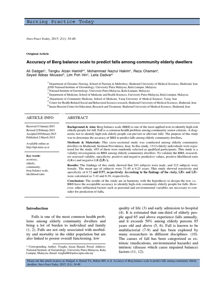 Nursing Practice Today Accuracy of Berg Balance Scale To Predict Falls