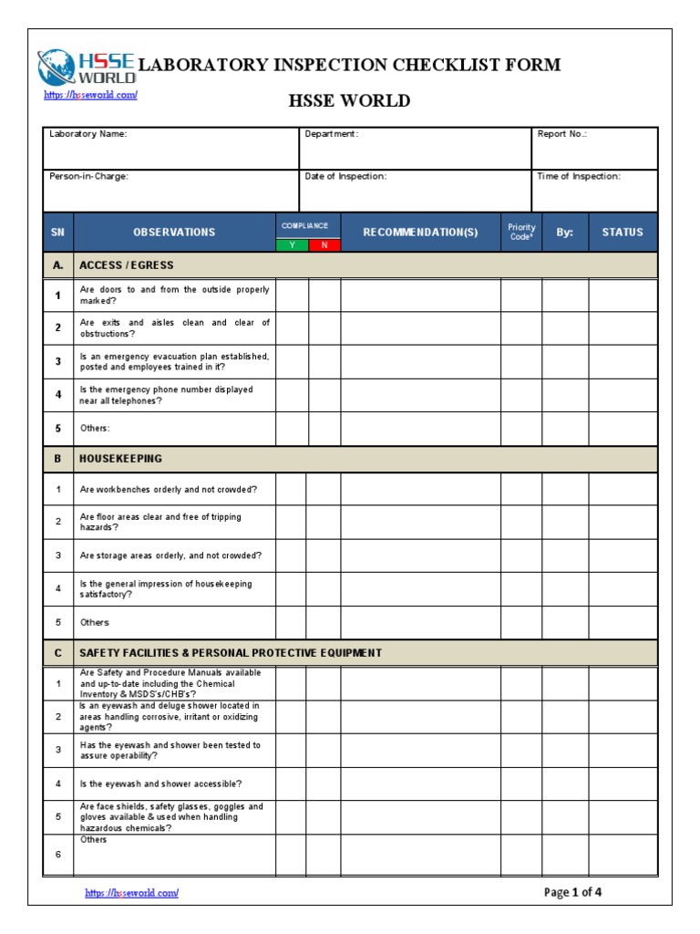 Laboratory Inspection Checklist Form Hsse World SN Observations