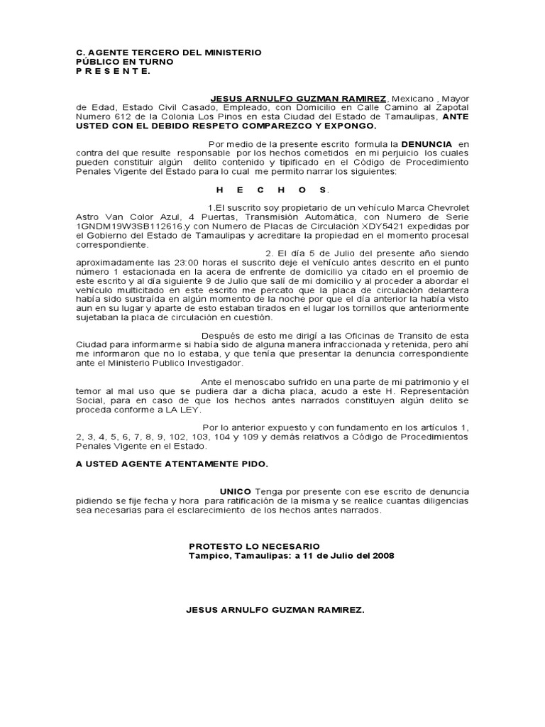 Denuncia por robo de placa vehicular | PDF | Justicia | Crimen y violencia