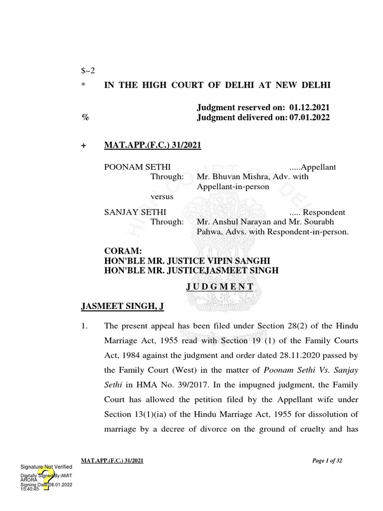 Poonam Sethi v. Sanjay Sethi Divorce Appeal PDF Judgment (Law