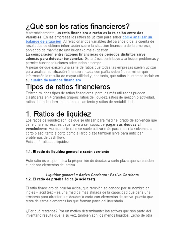 Definición y Tipos de Ratios Financieros | PDF | Ratio financiero ...