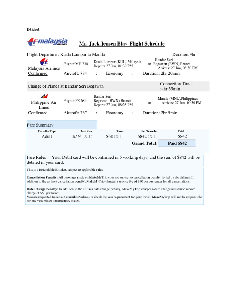 Malaysia Airlines E-Ticket Details | PDF | Business