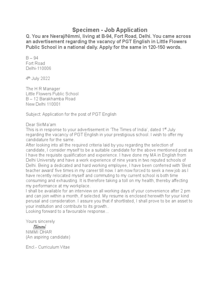 Specimen Job Application PDF