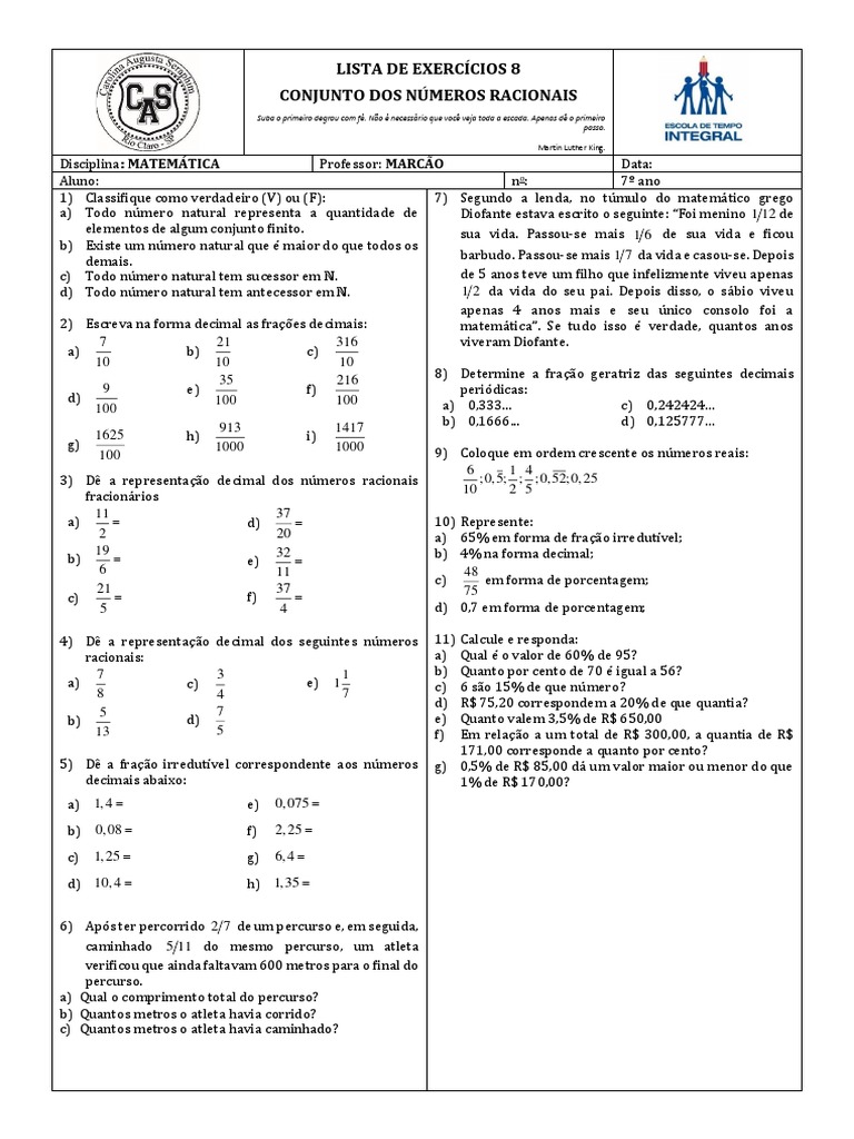 Exercícios sobre Números Racionais 7º Ano | PDF | Número racional | Decimal