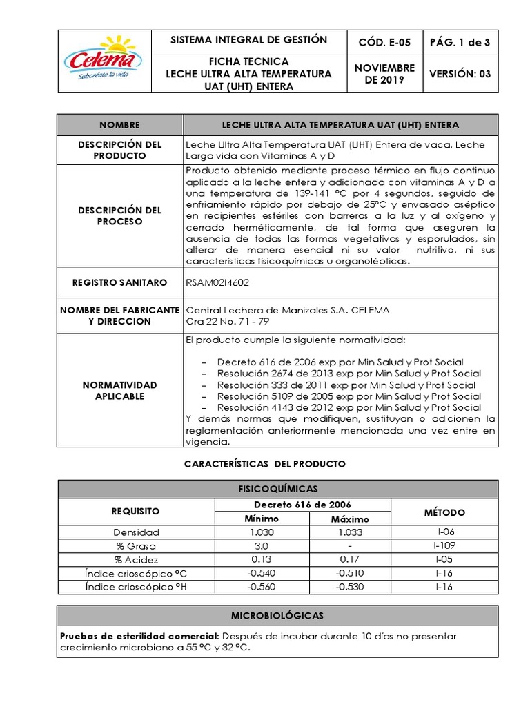 E05 Ficha Tecnica Leche Uht Entera V03 PDF Leche Etiqueta de