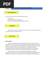 Definition and Basic Concepts of Ethics: Learning Objectives