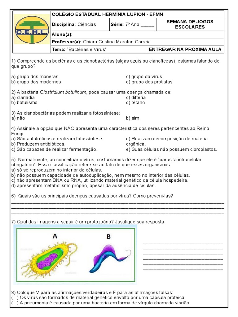 Exercícios sobre Bactérias e Vírus 7º Ano | PDF | Bactérias | Vírus