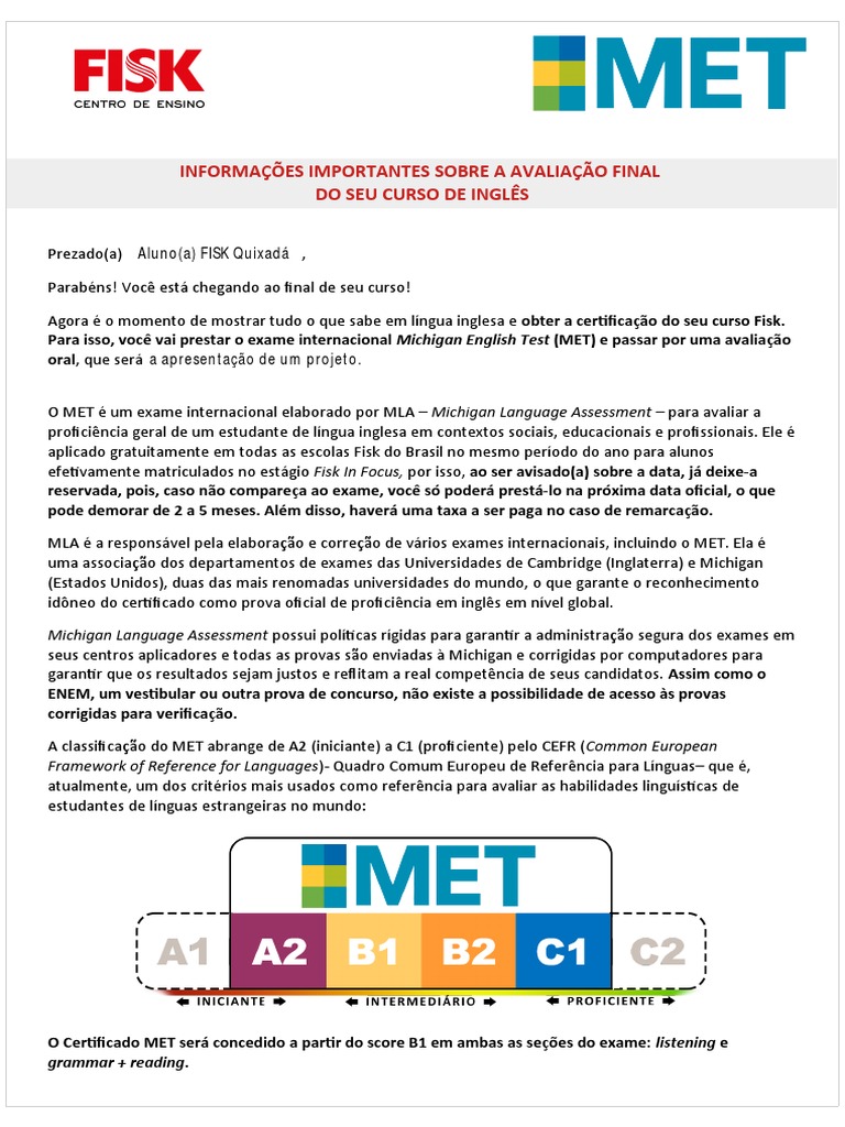 Comunicado MET para Alunos Fisk in Focus | PDF