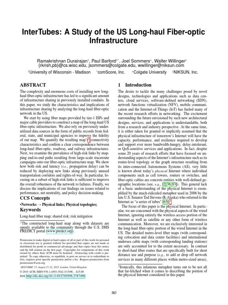 InterTubes - A Study of The US Long-Haul Fiber-Optic Infrastructure ...