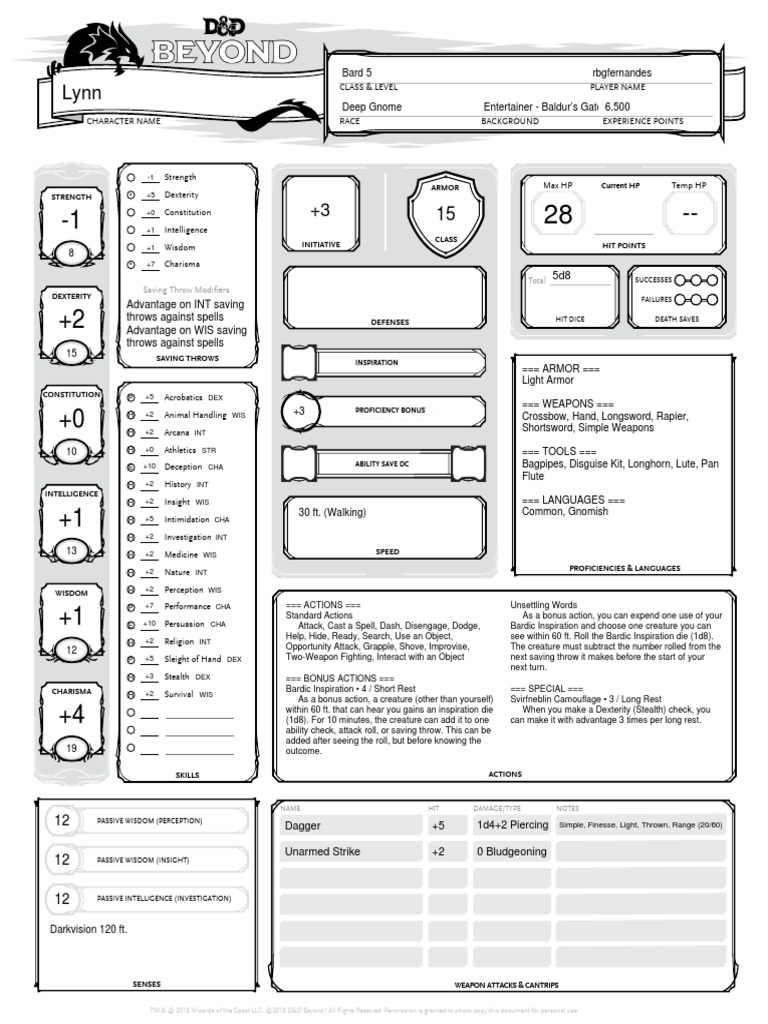 Bard 5 Rbgfernandes Saving Throw Modifiers Total PDF Dungeons
