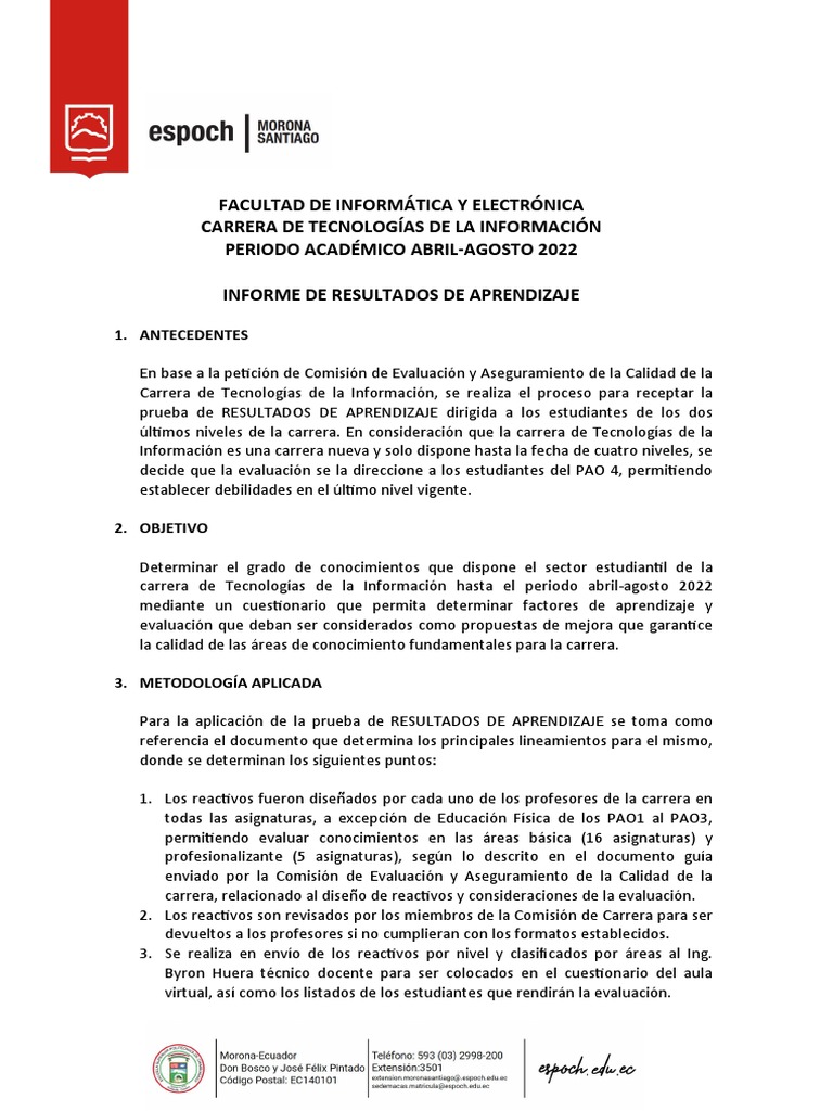 Informe de Resultados de Aprendizaje TI | PDF | Evaluación | Aprendizaje