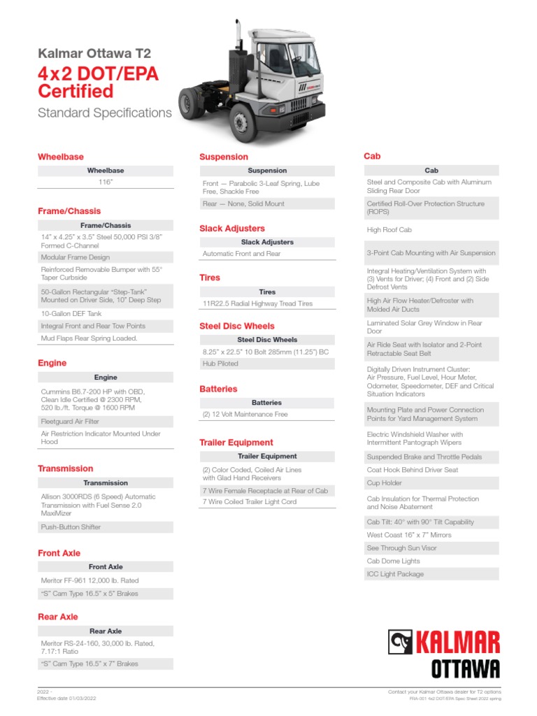 Ottawa 4X2 DOT EPA Specification Sheet English 2022 PDF Truck Tire