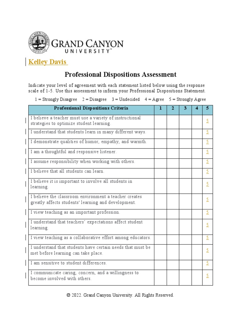 Professional Dispositions Assessment PDF Teachers Learning
