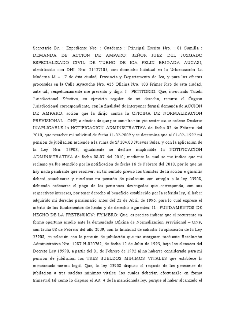 Demanda de Amparo contra ONP en Ica | PDF | Demanda judicial | Jubilación