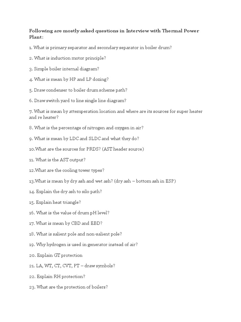 Mostly Asked Questions In Interview With Thermal Power Plant Pdf