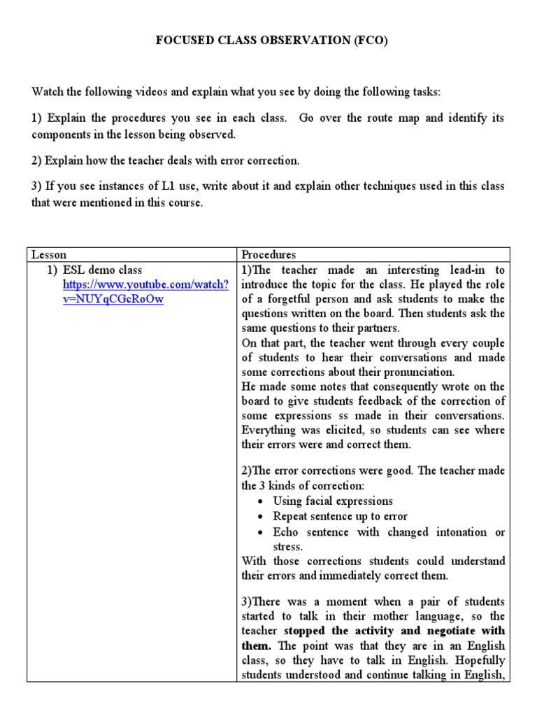 Focused Class Observation MET 5 | PDF | Question | English As A Second ...