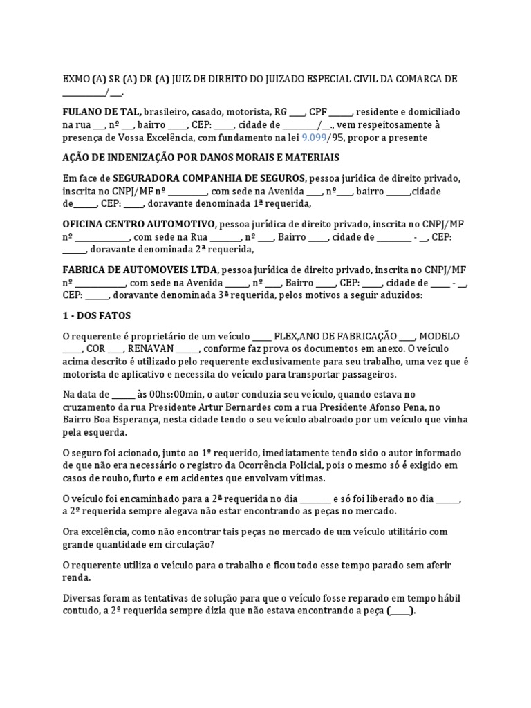 Peticao Indenizacao Por Dano Material e Moral Demora No Conserto Do ...